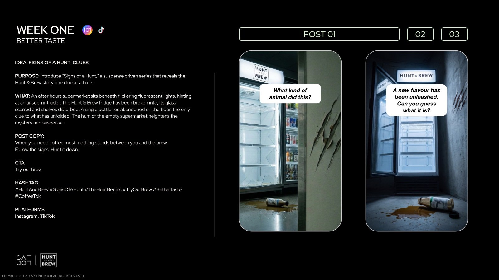Client concept · Signs of a Hunt turns a disturbed fridge into a clue for the audience.