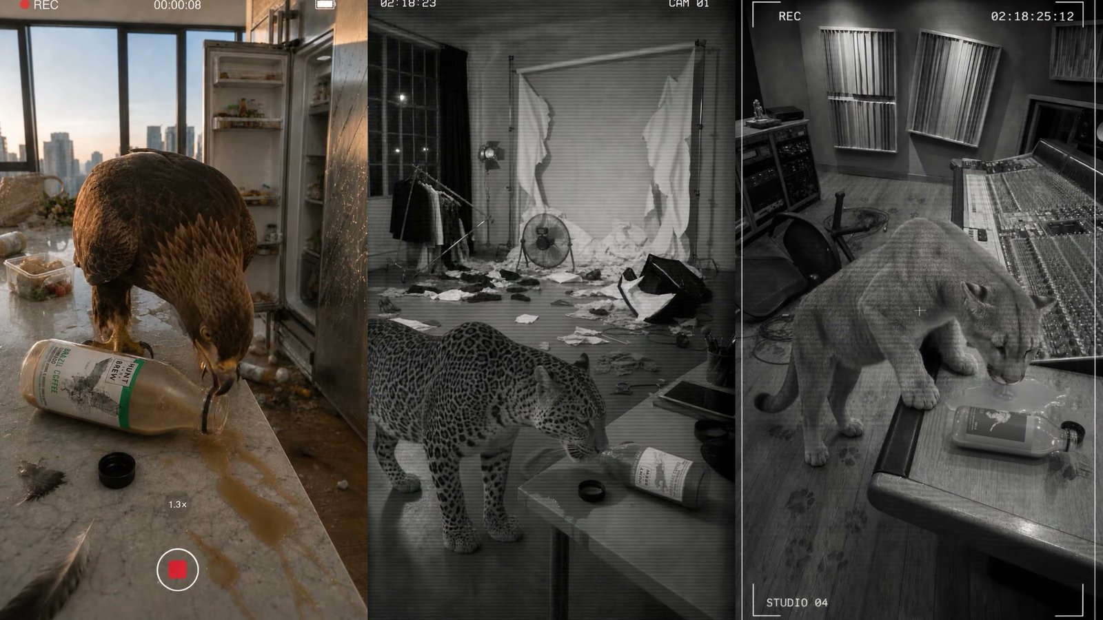 Three published Hunt & Brew films: an eagle in a kitchen, a leopard at a photoshoot and a puma in a recording studio.
