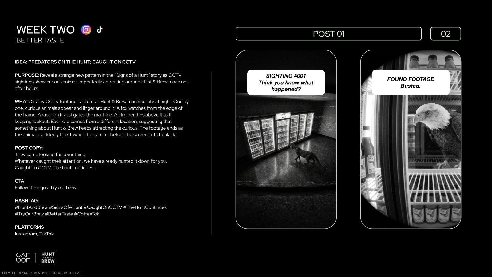 Client sequence proposal · CCTV sightings extend the mystery into the animal reveal.