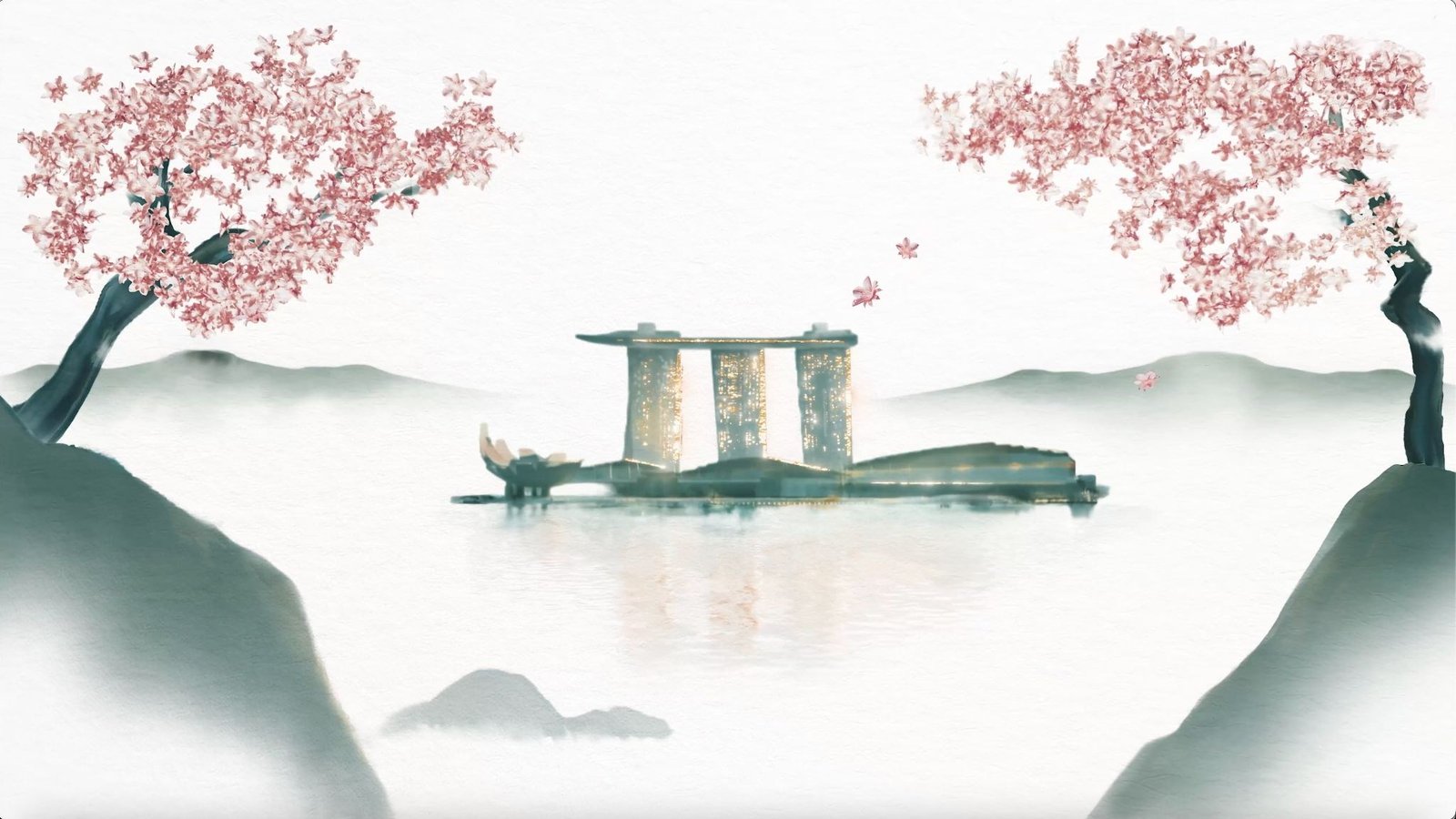 Marina Bay Sands framed by blossoms in the painted campaign landscape.