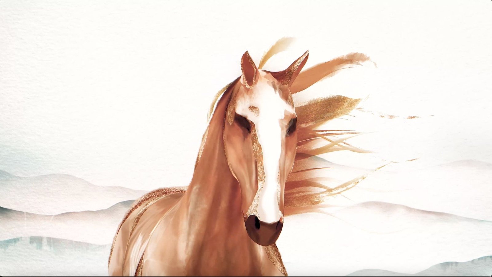 The finished bronze horse within the painted landscape.