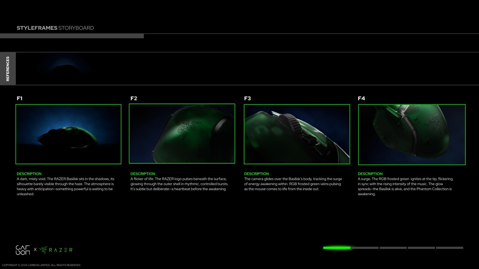 Client styleframes · Darkness, mist and translucent material establish the opening reveal.