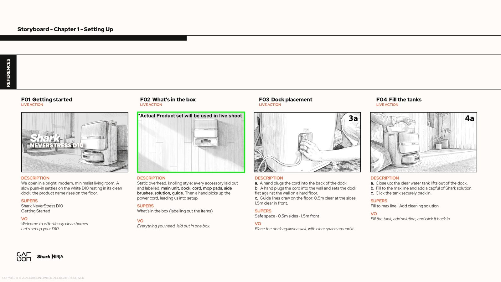 Setting Up · Frames 01 to 04. Getting started · What’s in the box · Dock placement · Fill the tanks. Includes storyboard drawings, action descriptions, supers and voiceover.