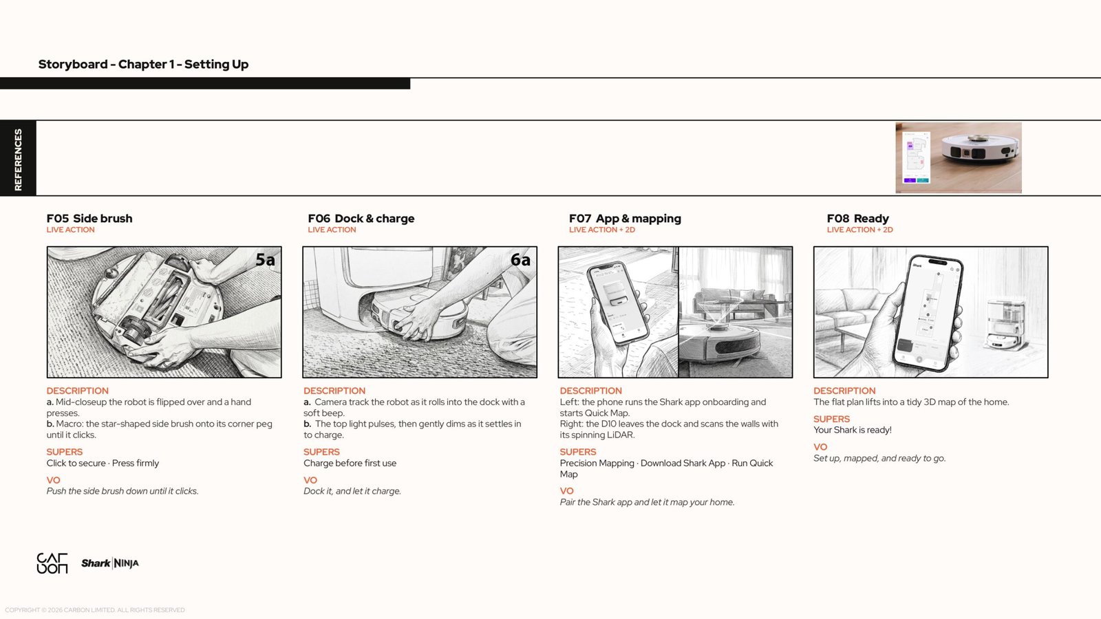 Setting Up · Frames 05 to 08. Side brush · Dock and charge · App and mapping · Ready. Includes storyboard drawings, action descriptions, supers and voiceover.
