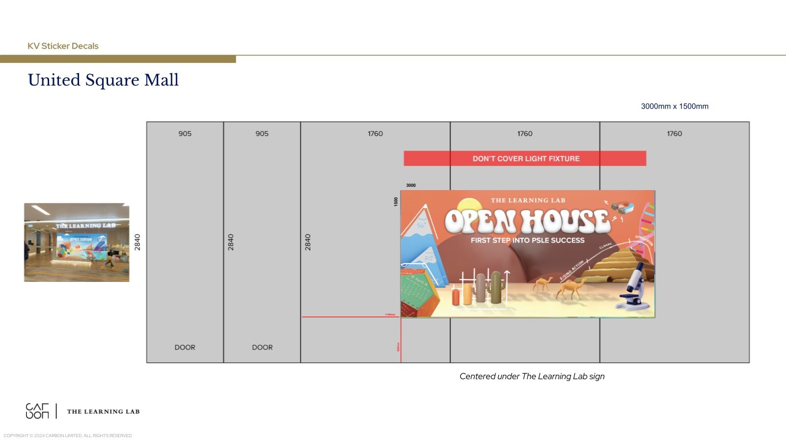 Client review · A proposed United Square window decal carries the visual system into the event setting.